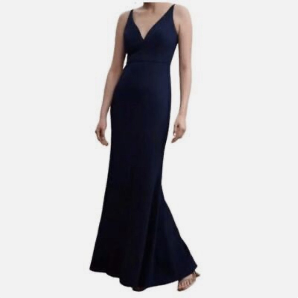 BHLDN Anthropologie 18 Tatum V Neck Crepe Gown Maxi‎ Dress Navy Blue Sleeveless